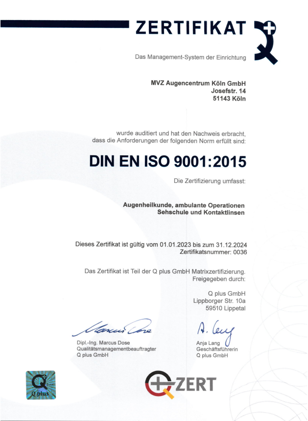 Zertifikat Qualitätsmanagement Augencentrum Köln